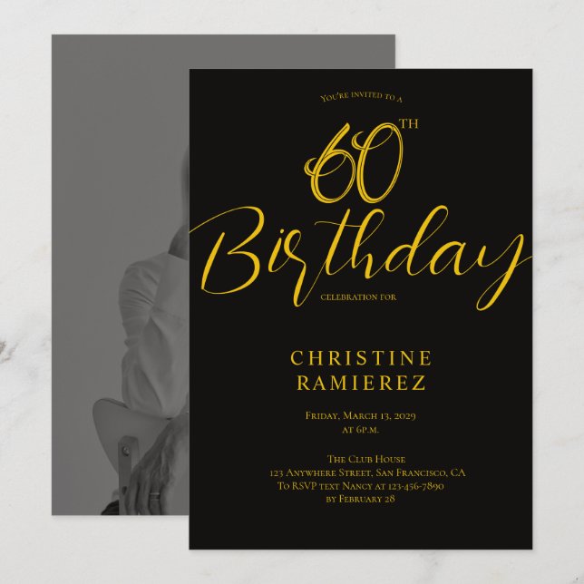 Invitación Fiesta de cumpleaños número sesenta foto en negro  (Anverso / Reverso)