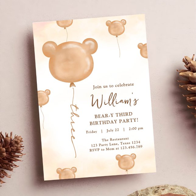 Invitación Fiesta de Cumpleaños Número Tres de Globo de Osito (Subido por el creador)