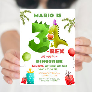 Invitación Fiesta de cumpleaños número tres del dinosaurio Re