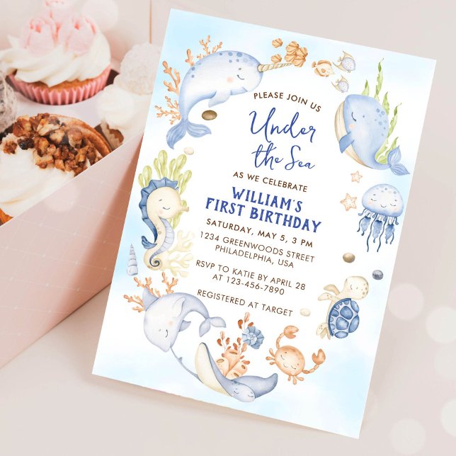 Invitación Fiesta de cumpleaños número uno bajo el mar niño a (Subido por el creador)