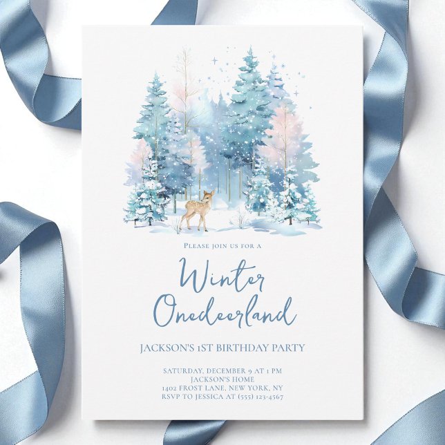 Invitación Fiesta de cumpleaños número uno Blue Woodland Wint (Blue Woodland Winter Onederland 1st Birthday Party Invitation)