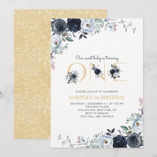 Invitación Fiesta de cumpleaños número uno Boho floral Navy & (Anverso / Reverso)