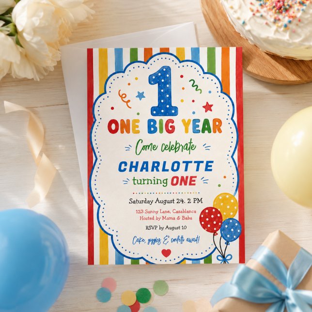 Invitación Fiesta de cumpleaños número uno Bold Rainbow One B (Bold Rainbow One Big Year 1st Birthday party Invitation
)