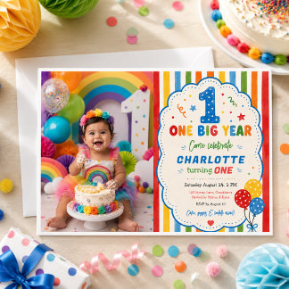 Invitación Fiesta de cumpleaños número uno Bold Rainbow One B