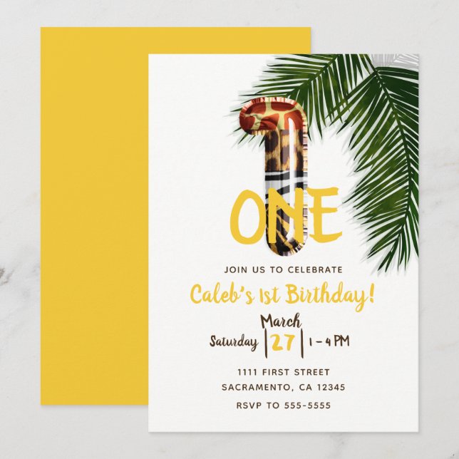 Invitación Fiesta de cumpleaños número uno con estampado de a (Anverso / Reverso)