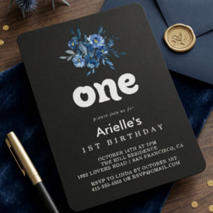 Invitación Fiesta de cumpleaños número uno con flores azules
