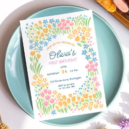 Invitación Fiesta de cumpleaños número uno con flores caprich