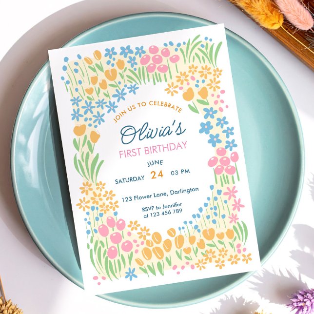 Invitación Fiesta de cumpleaños número uno con flores caprich (Subido por el creador)