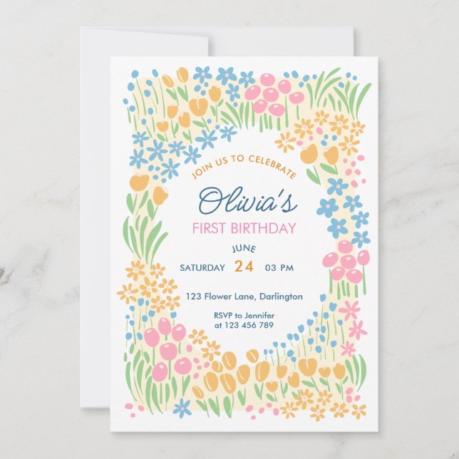 Invitación Fiesta de cumpleaños número uno con flores caprich (Anverso)