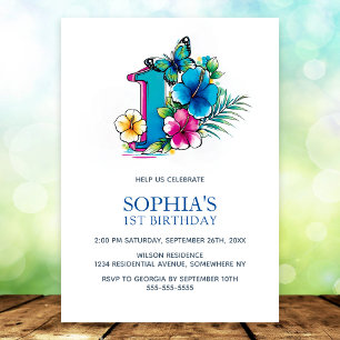 Invitación Fiesta de cumpleaños número uno con mariposa flora