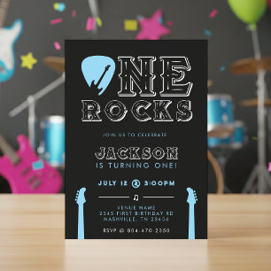 Invitación Fiesta de cumpleaños número uno con púa de guitarr