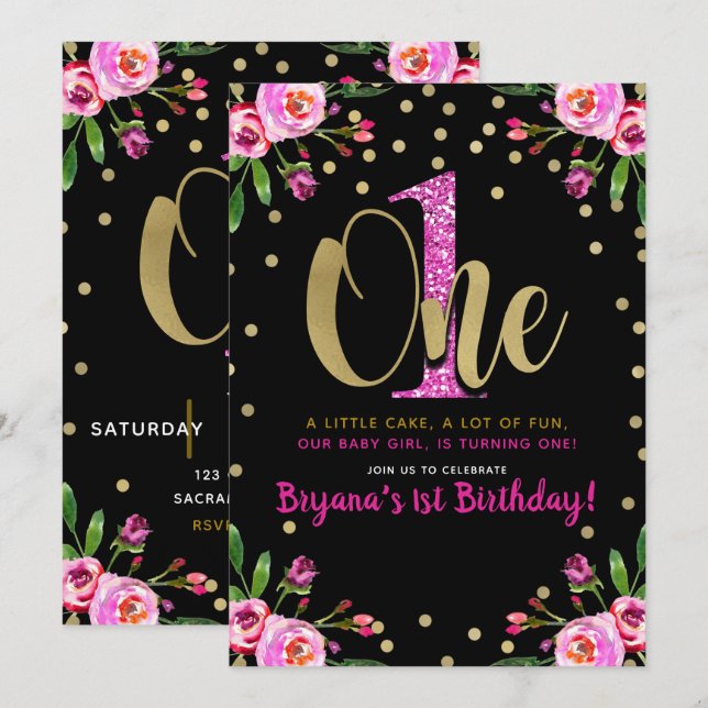 Invitación Fiesta de cumpleaños número uno con purpurina rosa (Anverso / Reverso)
