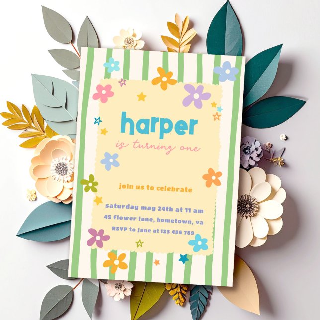 Invitación Fiesta de cumpleaños número uno con rayas florales (Subido por el creador)