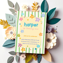 Invitación Fiesta de cumpleaños número uno con rayas florales