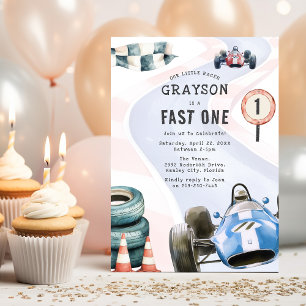 Invitación Fiesta de cumpleaños número uno con tema de coche 