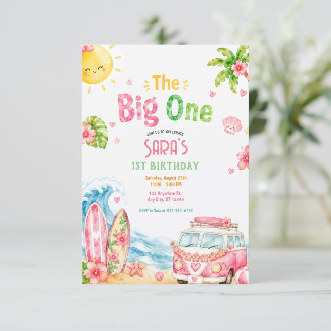 Invitación Fiesta de cumpleaños número uno con tema de playa  (Anverso de pie)