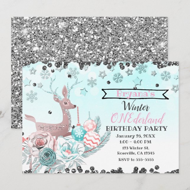 Invitación Fiesta de cumpleaños número uno de Ciervo Plateado (Anverso / Reverso)