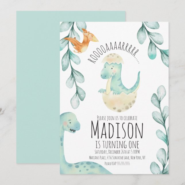 Invitación Fiesta de cumpleaños número uno de dinosaurio acua (Anverso / Reverso)