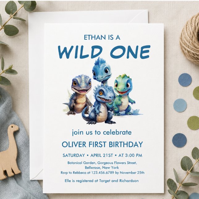 Invitación Fiesta de cumpleaños número uno de dinosaurio lind (Wild One Cute Dinosaur First Birthday Party Invitation)