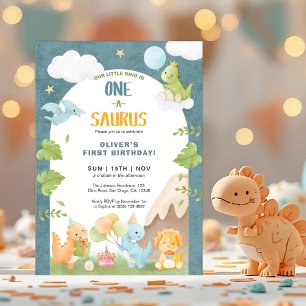 Invitación Fiesta de cumpleaños número uno de Dinosaurio Uno-
