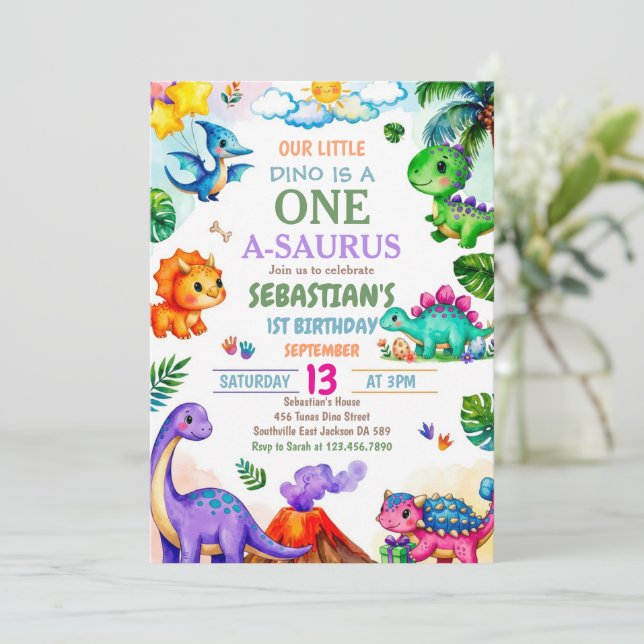 Invitación Fiesta de cumpleaños número uno de Dinosaurio Uno- (Anverso de pie)