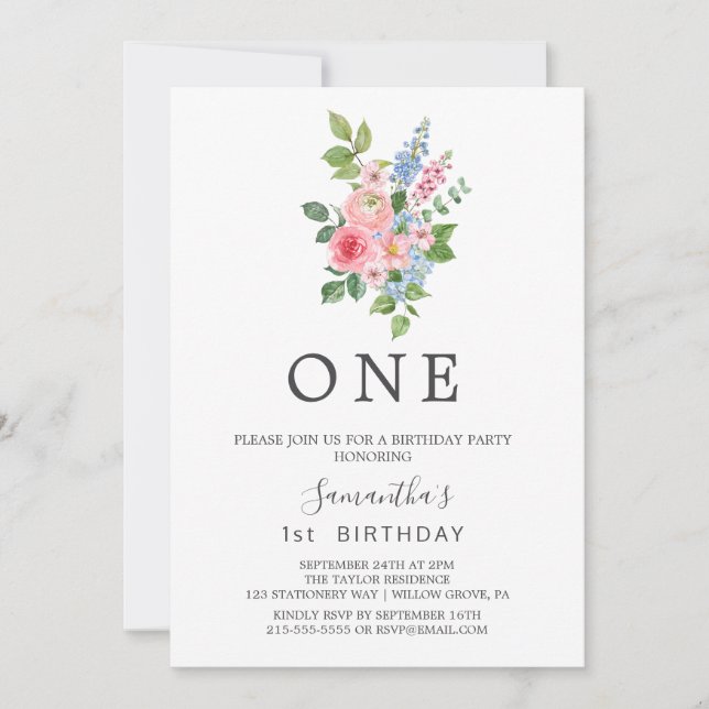 Invitación Fiesta de cumpleaños número uno de flor de cerezo  (Anverso)