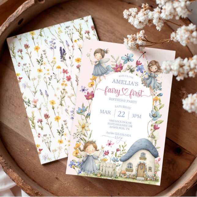 Invitación Fiesta de cumpleaños número uno de Hada de Flor Si (Whimsical Wildflower Fairy First Birthday Party Invitation)