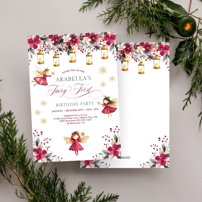 Invitación Fiesta de cumpleaños número uno de Hada Invernal C (Whimsical Winter Fairy First Birthday Party Invitation)