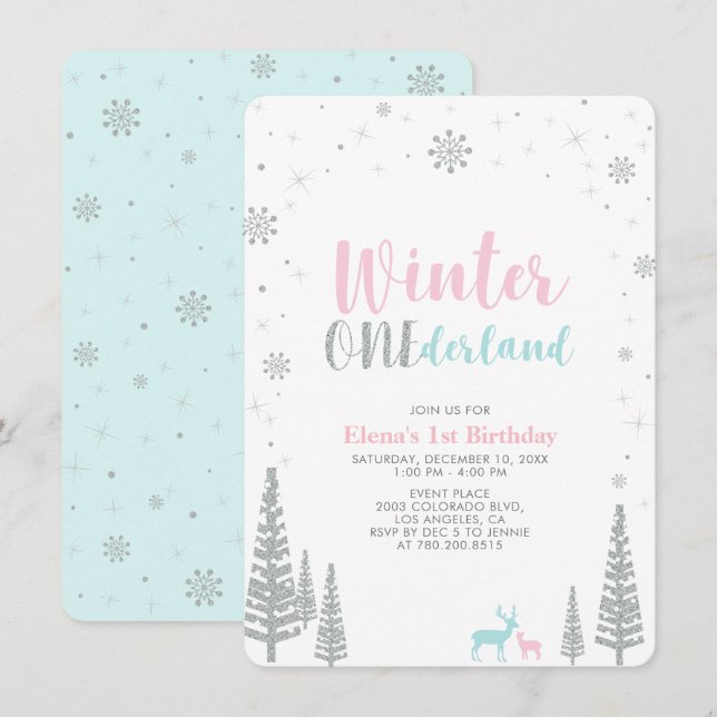 Invitación Fiesta de cumpleaños número uno de invierno platea (Anverso / Reverso)