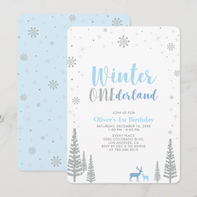 Invitación Fiesta de cumpleaños número uno de invierno platea (Anverso / Reverso)