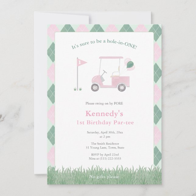 Invitación Fiesta de cumpleaños número uno de niña de golf ro (Anverso)