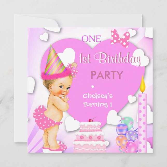 Invitación Fiesta de cumpleaños número uno de niña rubia rosa (Anverso)