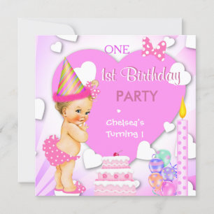 Invitación Fiesta de cumpleaños número uno de niña rubia rosa