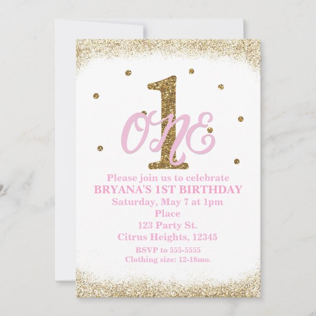 Invitación Fiesta de cumpleaños número uno de niñas rosa y do (Anverso)