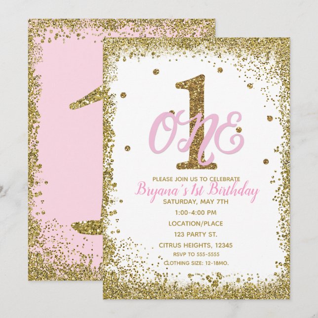 Invitación Fiesta de cumpleaños número uno de niñas rosa y do (Anverso / Reverso)