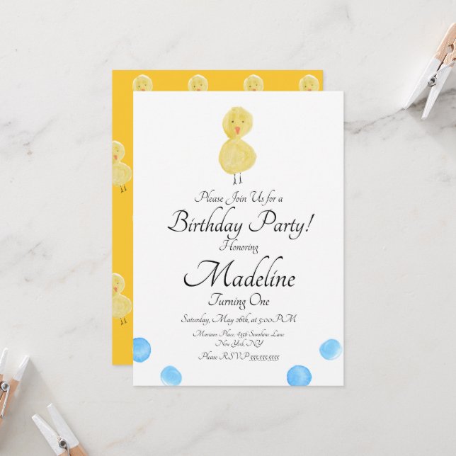 Invitación Fiesta de cumpleaños número uno de patito pintada  (Anverso/Reverso In Situ)