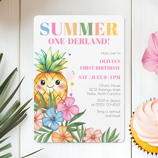 Invitación Fiesta de cumpleaños número uno de Summer Onederla (Summer Onederland Fruit Girls 1st Birthday Party Invitation)