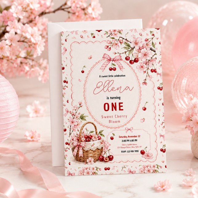 Invitación Fiesta de cumpleaños número uno de Sweet Cherry Bl (Sweet Cherry Blossom 1st Birthday girl Party Invitation
)