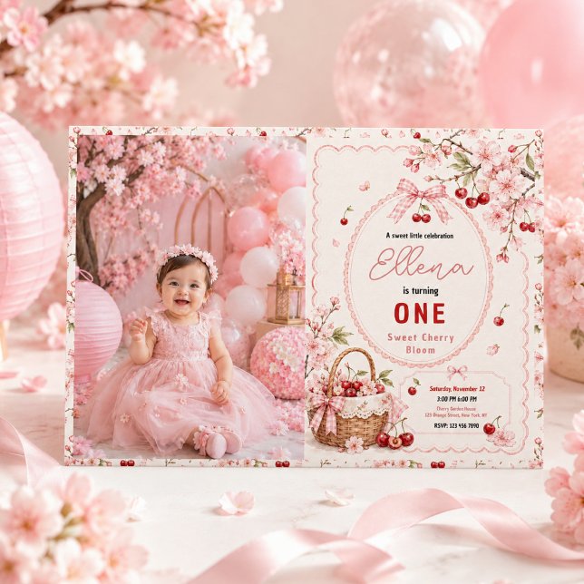 Invitación Fiesta de cumpleaños número uno de Sweet Cherry Bl (Sweet Cherry Blossom 1st Birthday girl Party Invitation
)