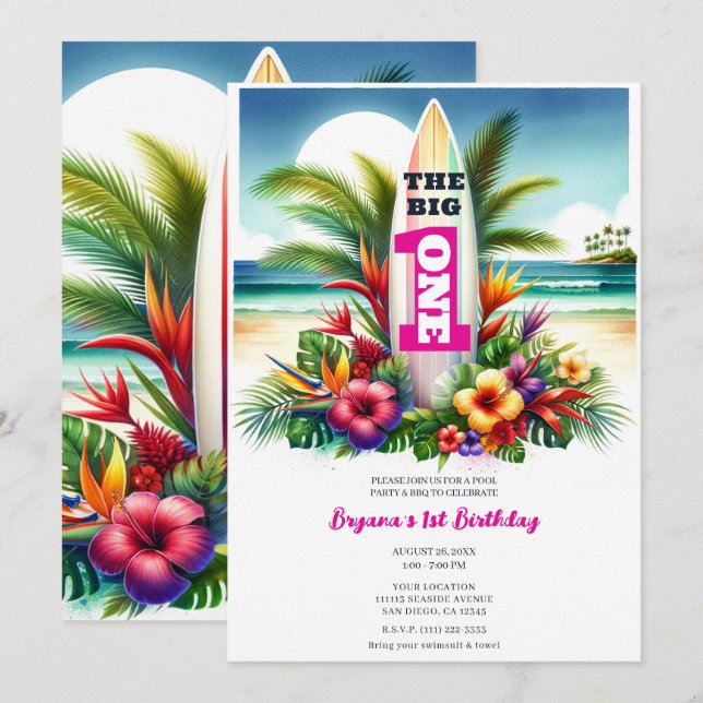 Invitación Fiesta de cumpleaños número uno de Tropical Surfbo (Anverso / Reverso)