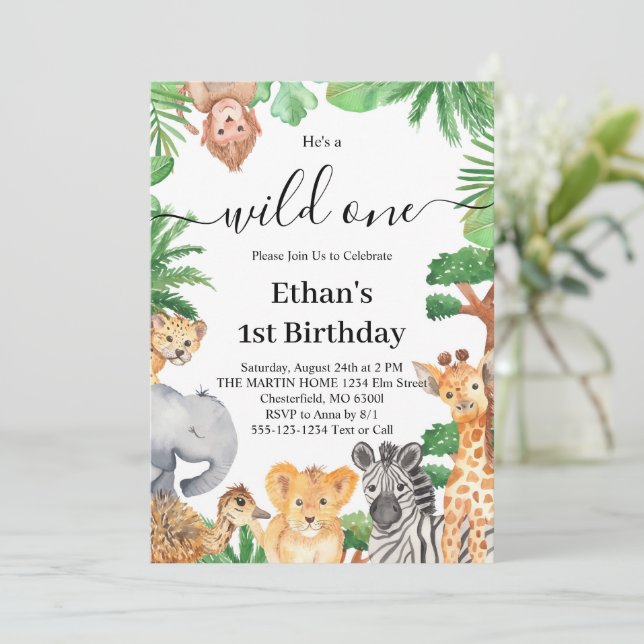 Invitación Fiesta de Cumpleaños número uno de Wild One Jungle (Anverso de pie)