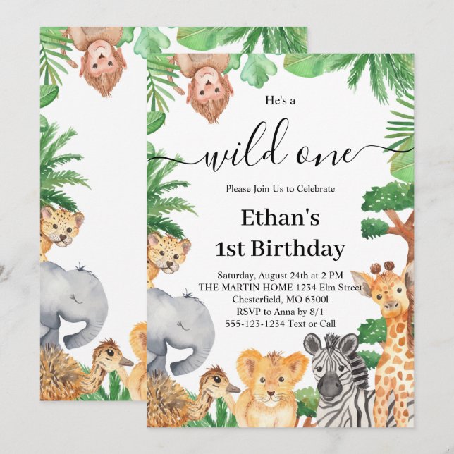 Invitación Fiesta de Cumpleaños número uno de Wild One Jungle (Anverso / Reverso)
