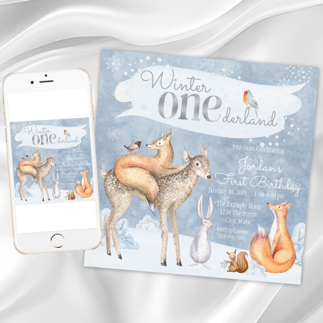 Invitación Fiesta de cumpleaños número uno de Winter Onederla (Winter Onederland Woodland First Birthday Party Invitation with woodland animals. )