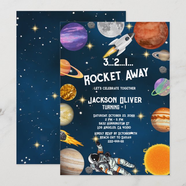 Invitación Fiesta de cumpleaños número uno del astronauta esp (Anverso / Reverso)