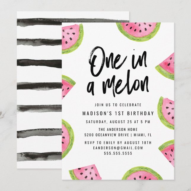 Invitación Fiesta de cumpleaños número uno en un Melón (Anverso / Reverso)