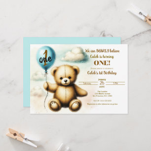 Invitación Fiesta de Cumpleaños número uno Globo Azul del Oso