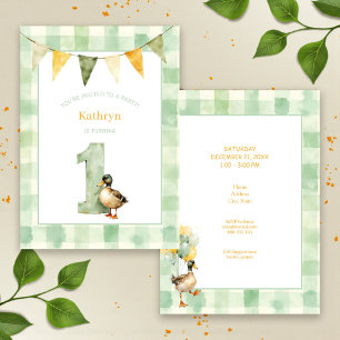 Invitación Fiesta de Cumpleaños Número Uno Pato Acuarela Verd