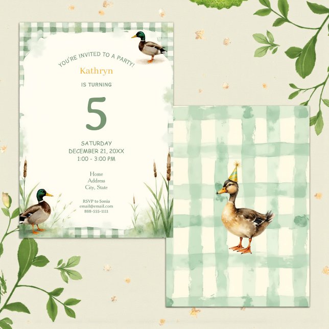 Invitación Fiesta de Cumpleaños Número Uno Pato Acuarela Verd (Subido por el creador)