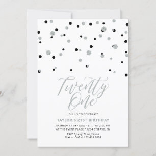 Invitación Fiesta de cumpleaños número veintiuno Black & Silv