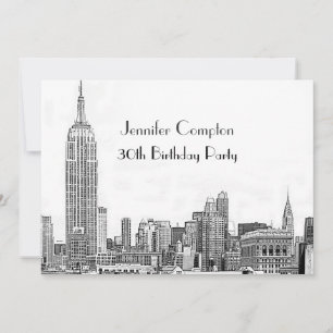 Invitación Fiesta de cumpleaños NYC Skyline 01 Grabado Wht